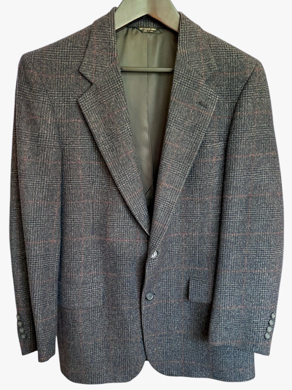 VTG Bill Blass Kensington 100% Camel Hair Plaid Sport Coat Navy Gray Est. 40L